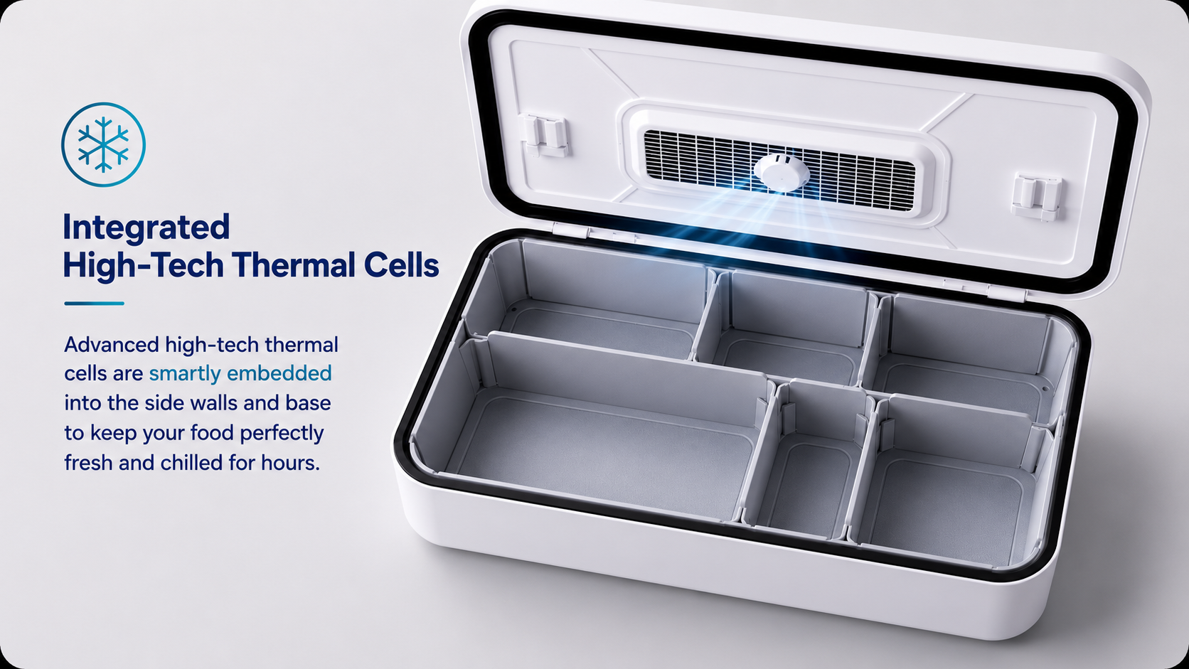 LunchiQ built-in cooling lunch box — integrated high-tech thermal cells keep food fresh up to 12 hours